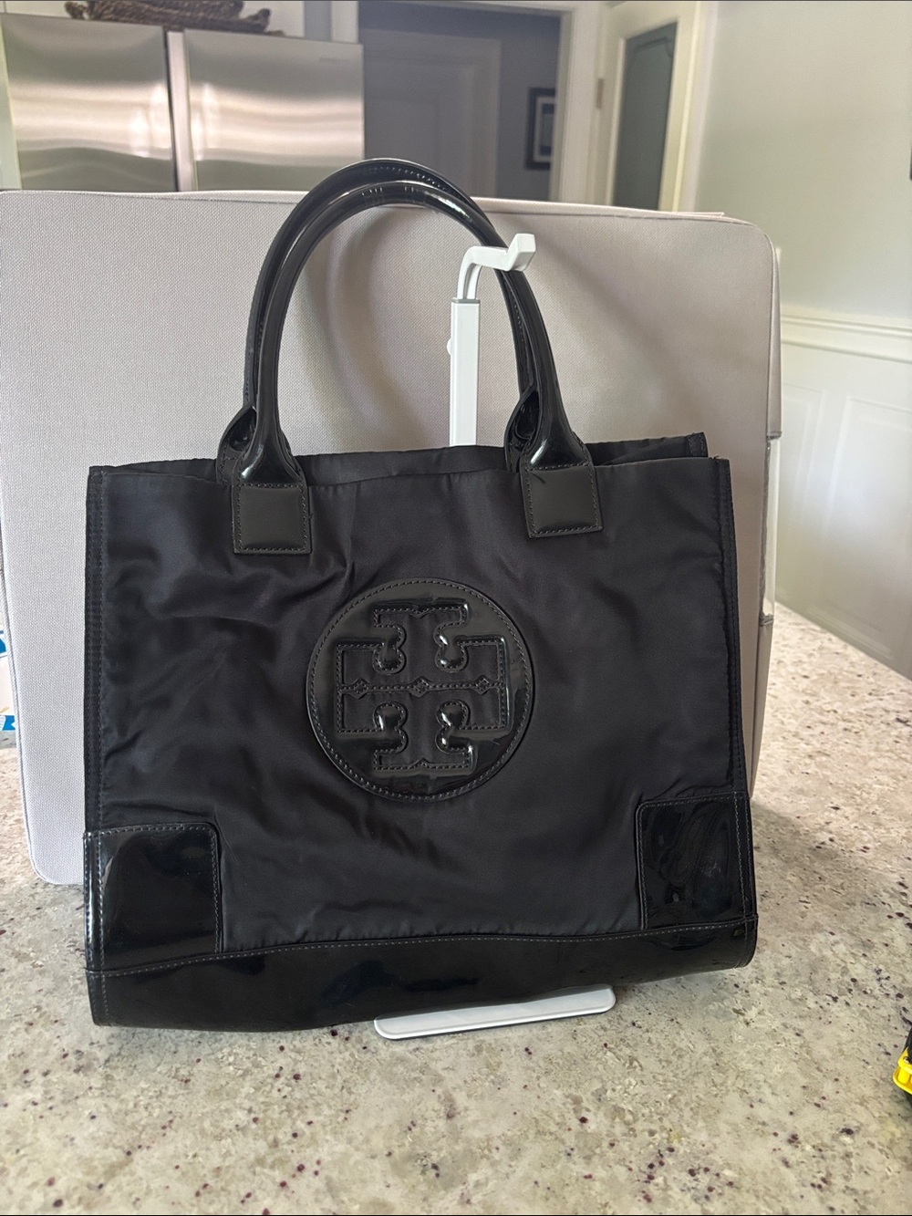 Tory Burch Black Nylon Tote with Patent Trim